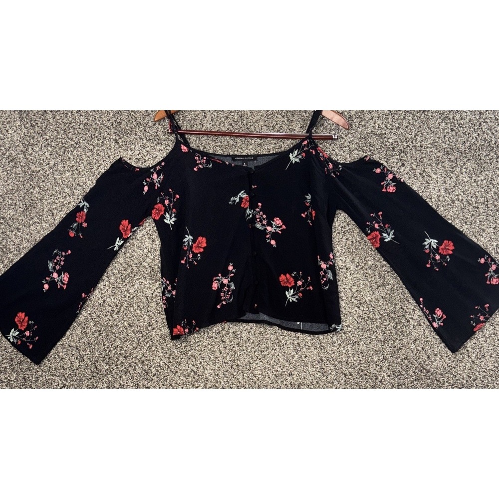 Kendall &‎ Kylie Black Rose Floral Cold Shoulder Flared Long Sleeve Shirt Small